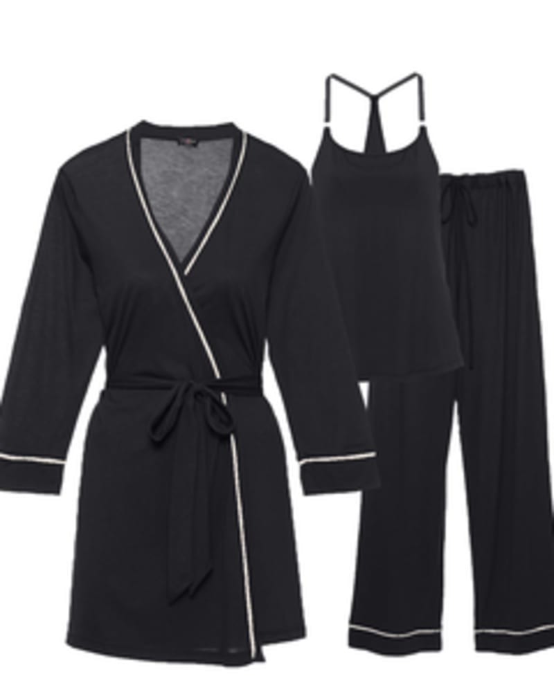 Front of a size M Racerback Cami, Robe, and Pant Sleep Set in Black/Ivory by Cosabella. | dia_product_style_image_id:253749